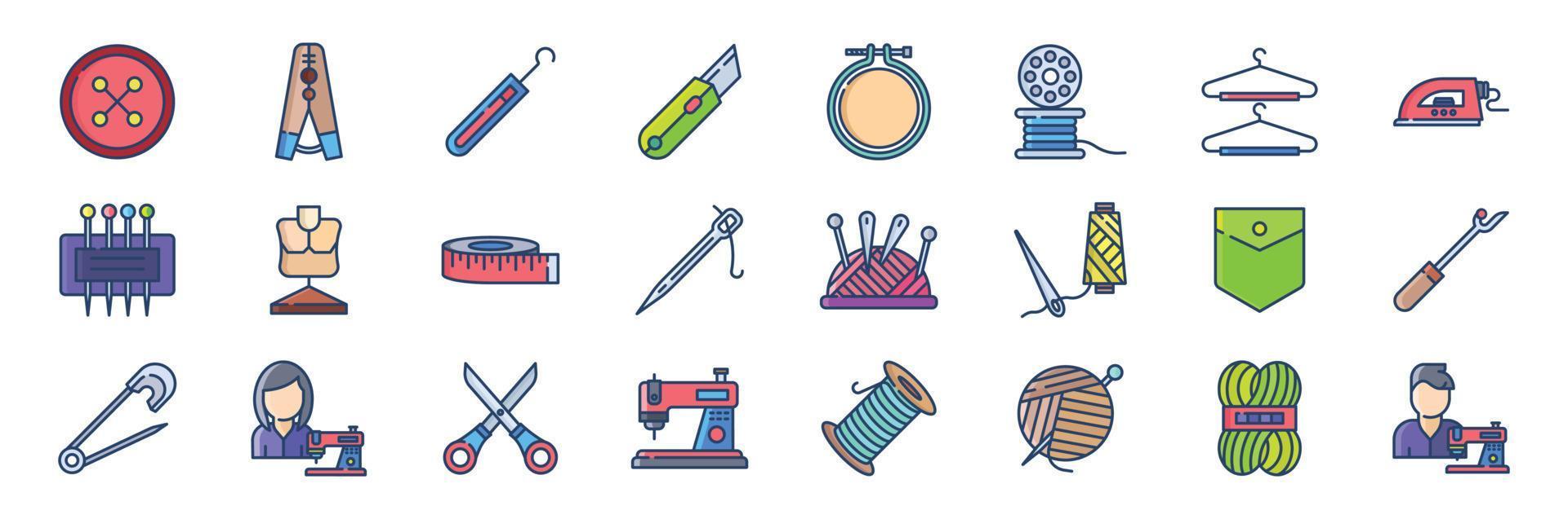 verzameling van pictogrammen verwant naar naaien, inclusief pictogrammen Leuk vinden knop, doeken pin, haken, borduurwerk hoepel en meer. vector illustraties, pixel perfect reeks