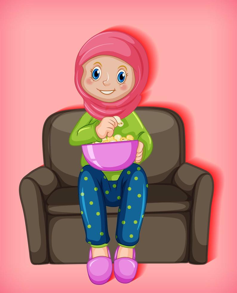 vrouwelijke moslimbeeldverhaal over karakter dat popcorn eet vector