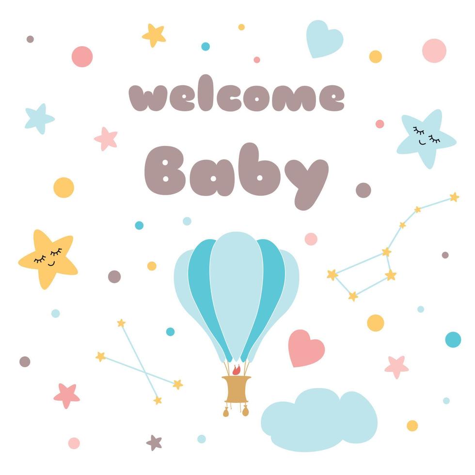 kinderen poster tekst Welkom baby schattig hand- getrokken heet lucht ballon ontwerp voor baby douche spandoeken, posters voor baby kamer, groet kaarten, kinderen en baby t-shirts en slijtage vector illustratie.