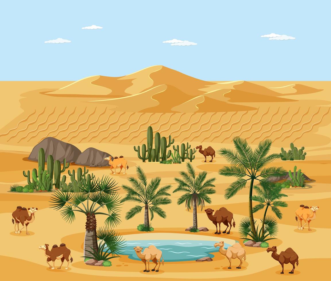 woestijnoase met palmen en het landschapsscène van de kameelnatuur vector