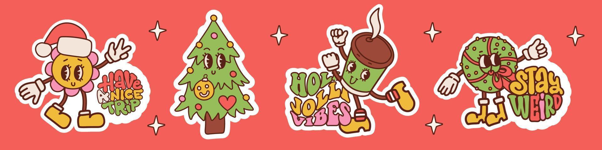 Kerstmis sticker reeks met levendig belettering hippie wensen woorden. groovy hand- getrokken brieven Gefeliciteerd met retro karakters. jaren 70 en Jaren 60 typografie voor sociaal media. vector contour ontwerp.