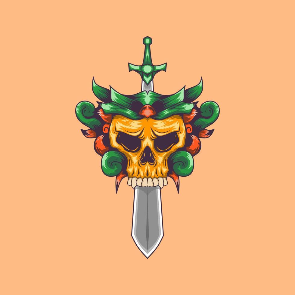 schedel logo met zwaard en blad ornament vector
