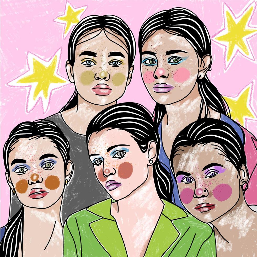 portret van een groep van meisjes met een mooi verzinnen, helder kleuren, knal kunst vector