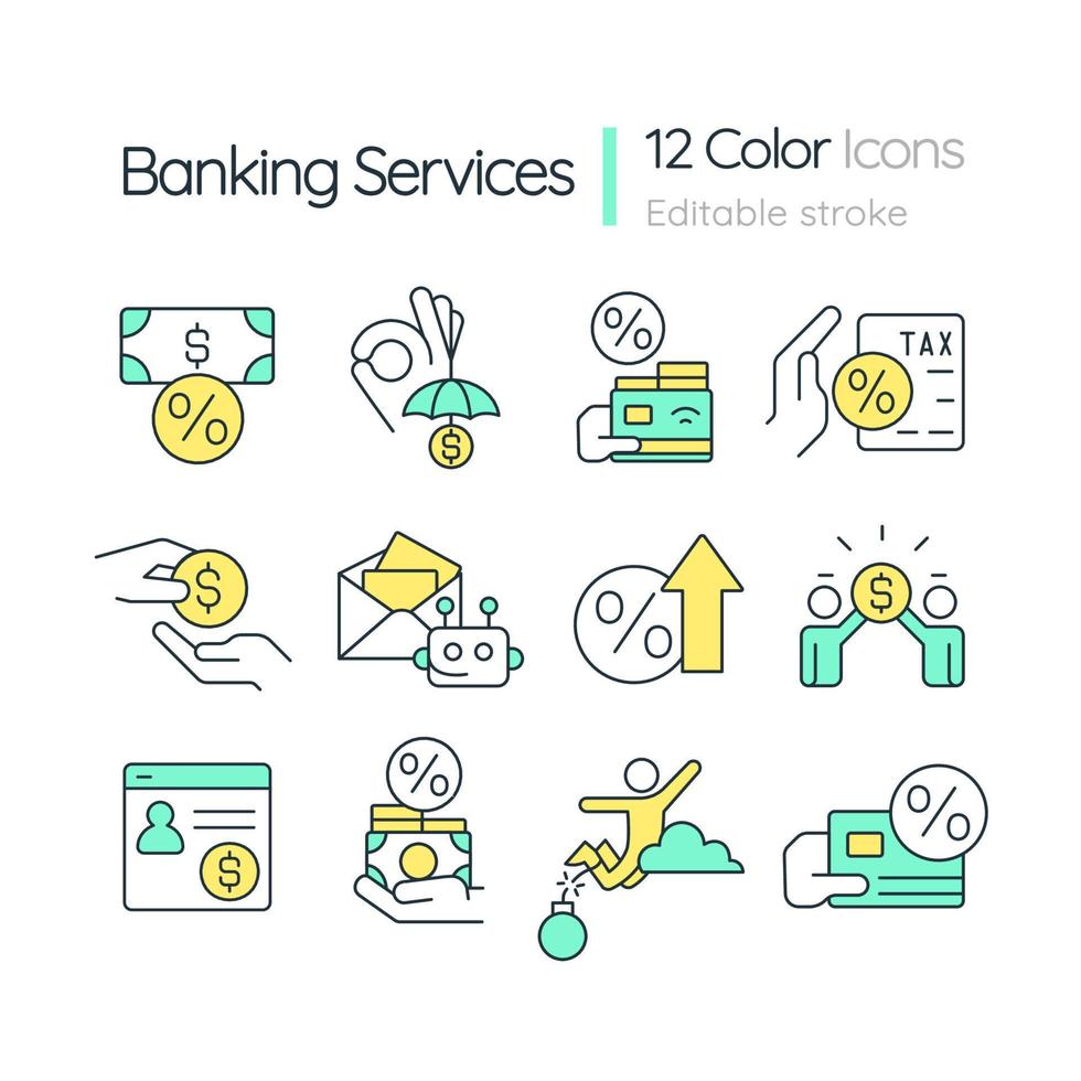 bank Diensten rgb kleur pictogrammen set. financieel producten voor klanten. geïsoleerd vector illustraties. gemakkelijk gevulde lijn tekeningen verzameling. bewerkbare hartinfarct.