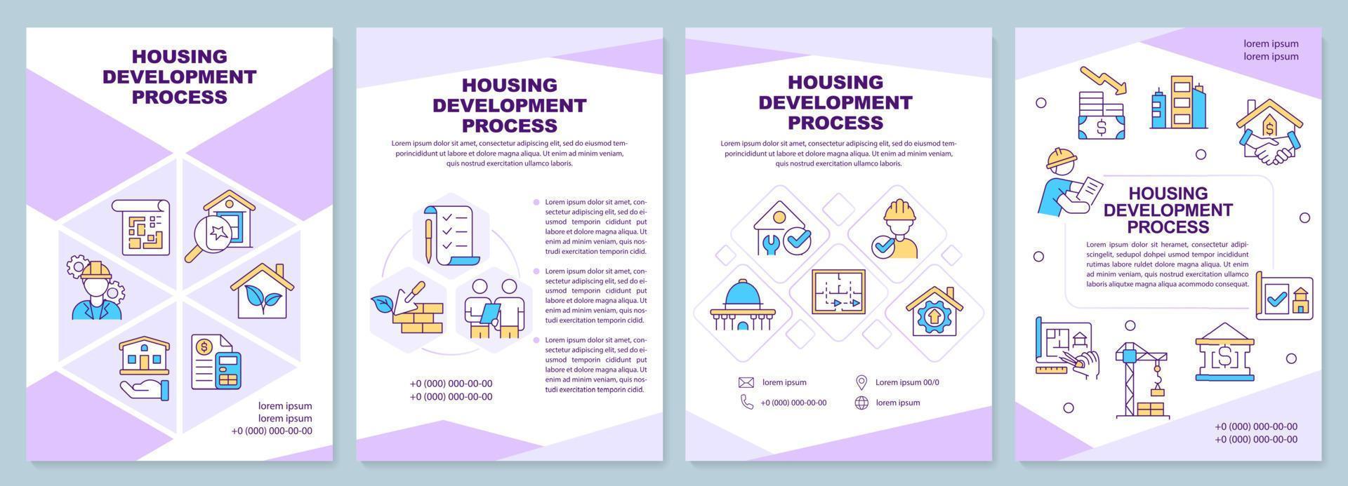 behuizing ontwikkeling werkwijze Purper brochure sjabloon. gebouw. brochure ontwerp met lineair pictogrammen. bewerkbare 4 vector indelingen voor presentatie, jaar- rapporten.