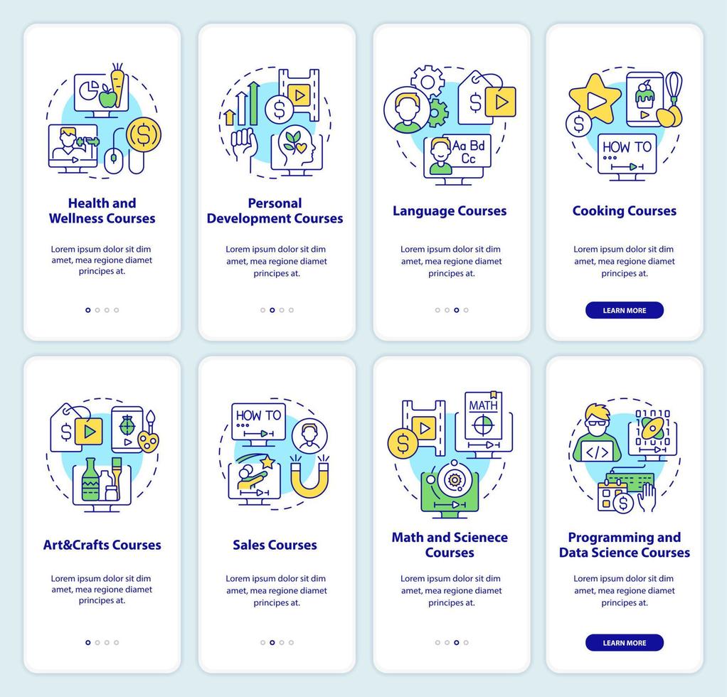 online onderwijs velden onboarding mobiel app scherm set. walkthrough 4 stappen bewerkbare grafisch instructies met lineair concepten. ui, ux, gui sjabloon. vector