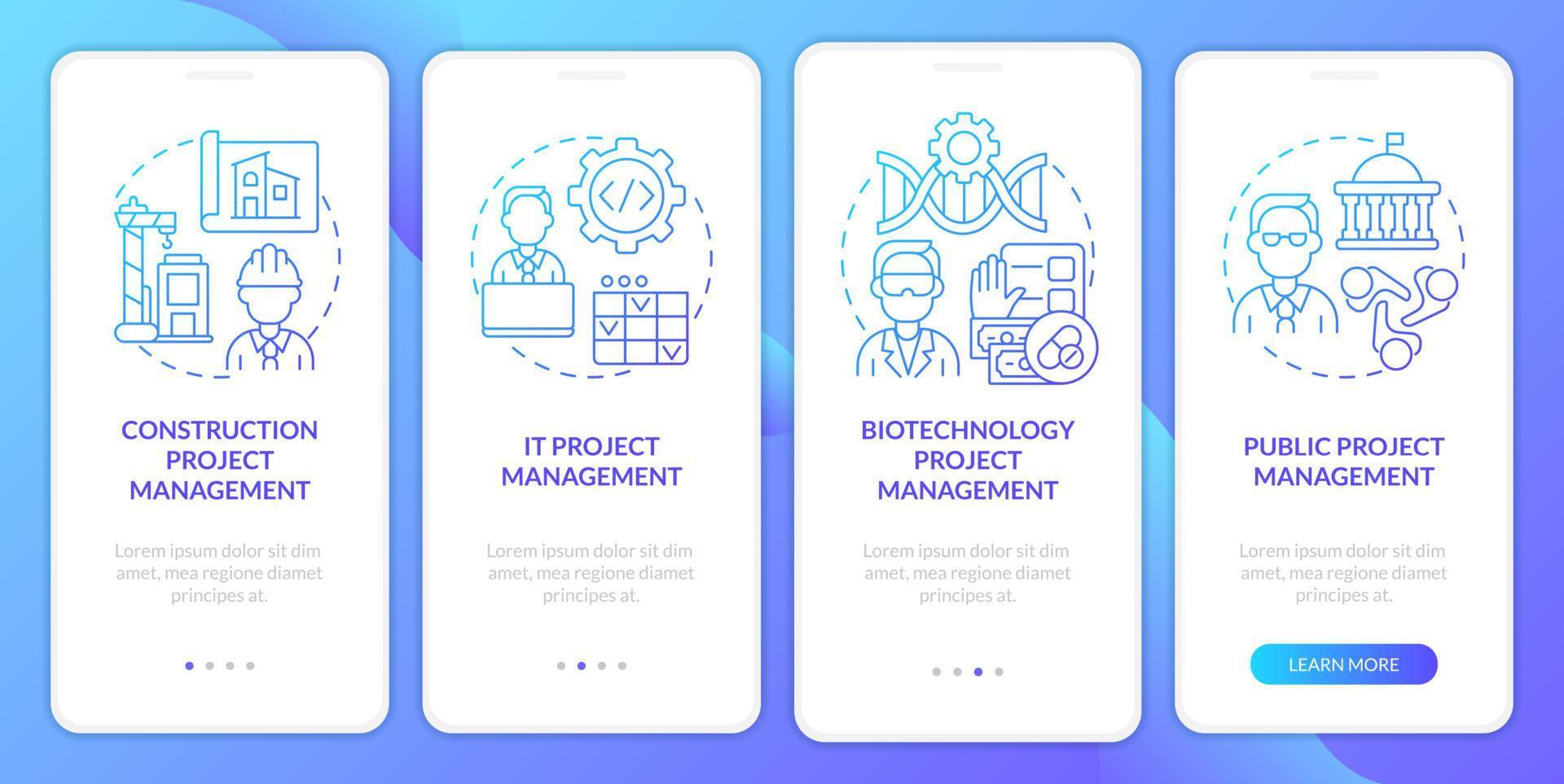 project beheer types blauw helling onboarding mobiel app scherm. industrieën walkthrough 4 stappen grafisch instructies met lineair concepten. ui, ux, gui sjabloon. vector