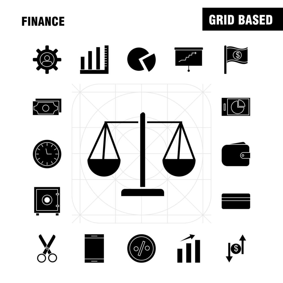 financiën solide glyph pictogrammen reeks voor infographics mobiel uxui uitrusting en afdrukken ontwerp omvatten taart tabel diagram bedrijf presentatie klok rinkelen ring verzameling modern infographic logo en pictog vector