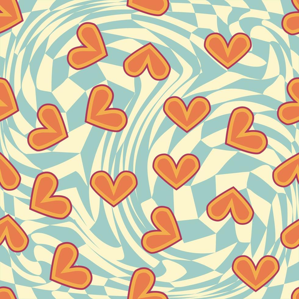 liefde hart, madeliefjes, golven van positiviteit retro jaren 70 naadloos patroon. geel, oranje, rood verspreide hart vormen Aan een wervelende achtergrond vector