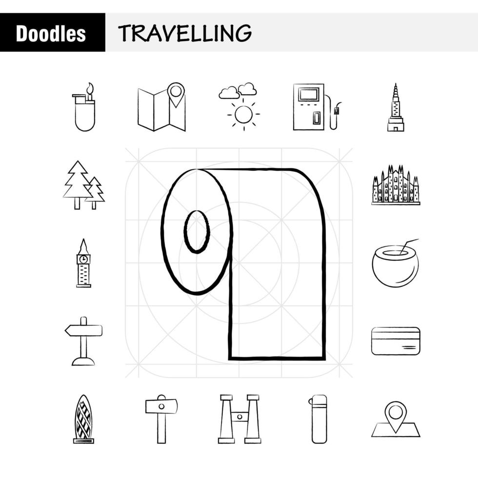 op reis hand- getrokken pictogrammen reeks voor infographics mobiel uxui uitrusting en afdrukken ontwerp omvatten richting bord bord richting verkeer bord schotel voedsel eps 10 vector