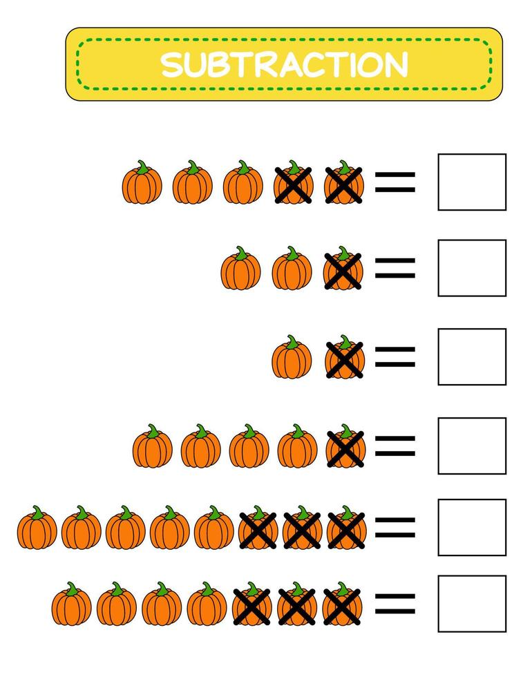 aftrekken. wiskunde werkblad voor kinderen. ontwikkelen rekenvaardigheid vaardigheden. oplossen voorbeelden en schrijven. wiskunde. vector illustratie.educatief wiskunde kinderen spel. aftrekken voor kinderen