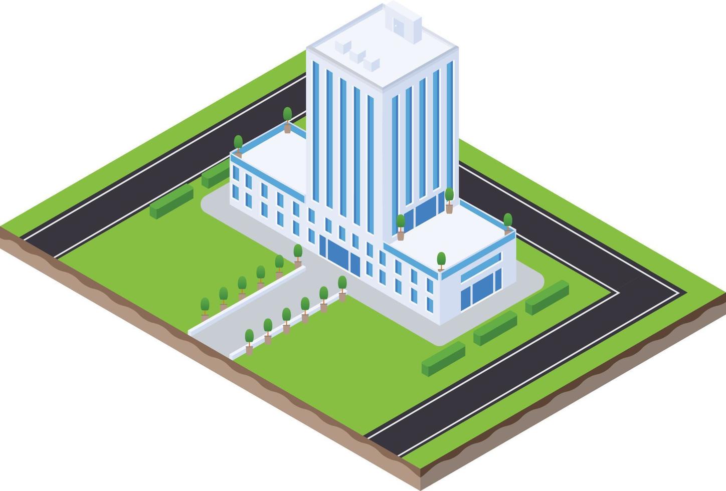 isometrische tafereel van stad gebouw met weg en tuin vector