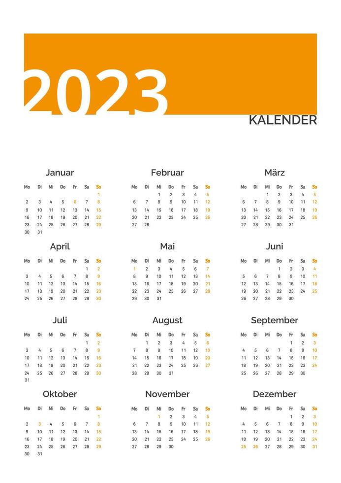 2023 kalender vector ontwerp sjabloon, gemakkelijk en schoon ontwerp. kalender in Duitse. de week begint Aan maandag.