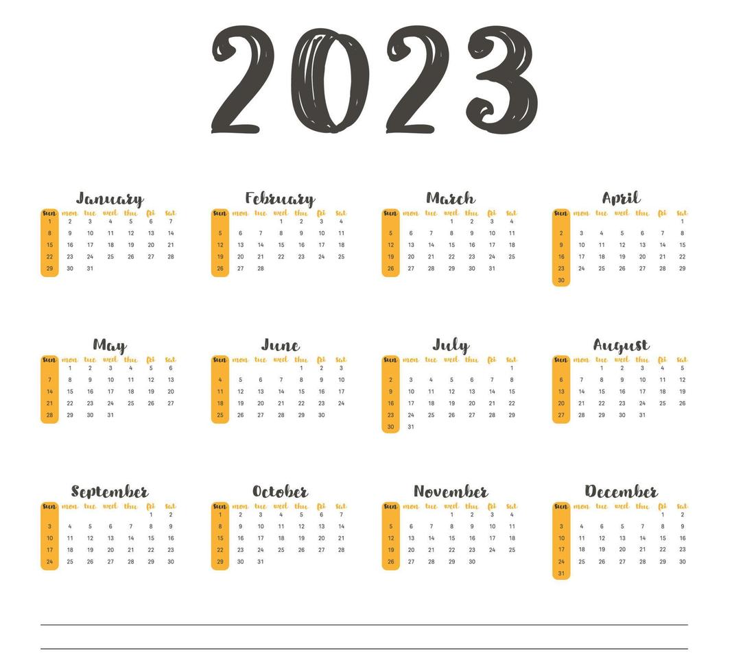 horizontaal kalender 2023 jaar. minimalistische ontwerp. week begint Aan zondag vector