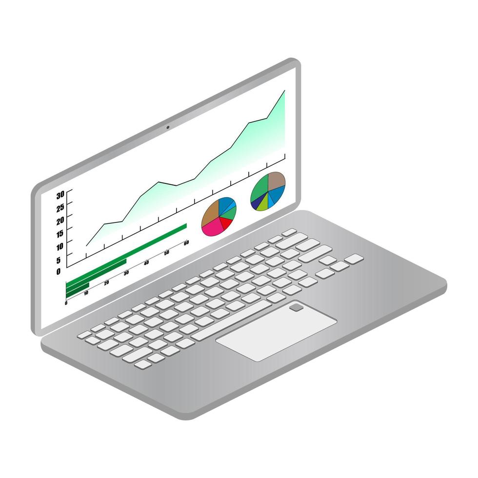 isometrische laptop met grafieken en grafieken Aan de scherm geïsoleerd Aan wit. computer met een analytisch systeem. vector eps10.