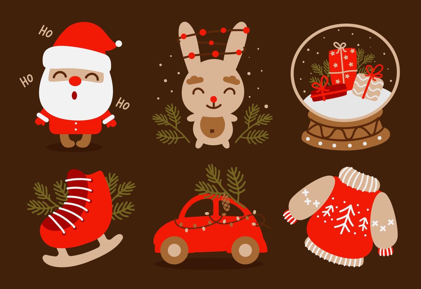 Kerstmis en nieuw jaar reeks met de kerstman claus, auto, sneeuw wereldbol, ijs schaatsen, konijn en andere decor elementen. ontwerp voor afdrukken, ansichtkaarten, affiches. vector illustratie.