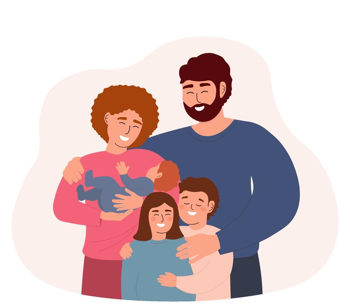 gelukkig moeder, vader, zoon, dochter, baby samen. een groot familie ondersteunt elk ander, liefdes elk ander. vector grafiek.