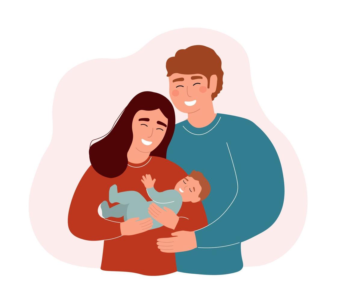 een moeder met een baby in haar armen en een vader knuffelen. gelukkig liefhebbend familie. vector grafiek.