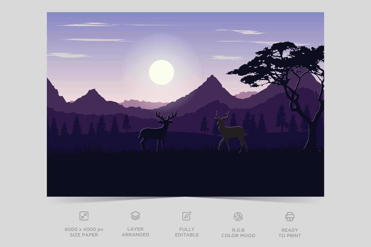 zonsondergang of zonsopkomst tijd Bij Woud met hert, boom en kleurrijk lucht landschap vlak illustrator ontwerp vector