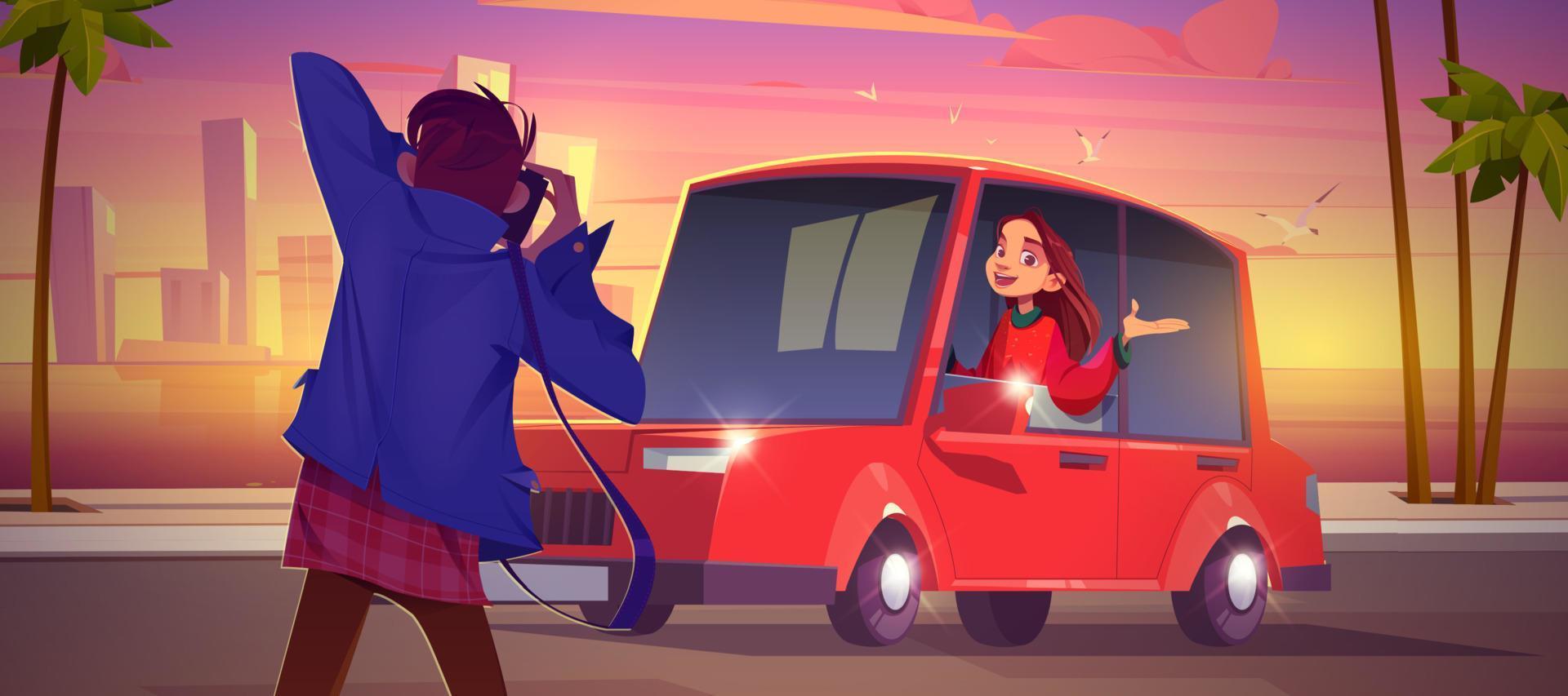 fotograaf schieten vrouw zittend in rood sedan auto vector
