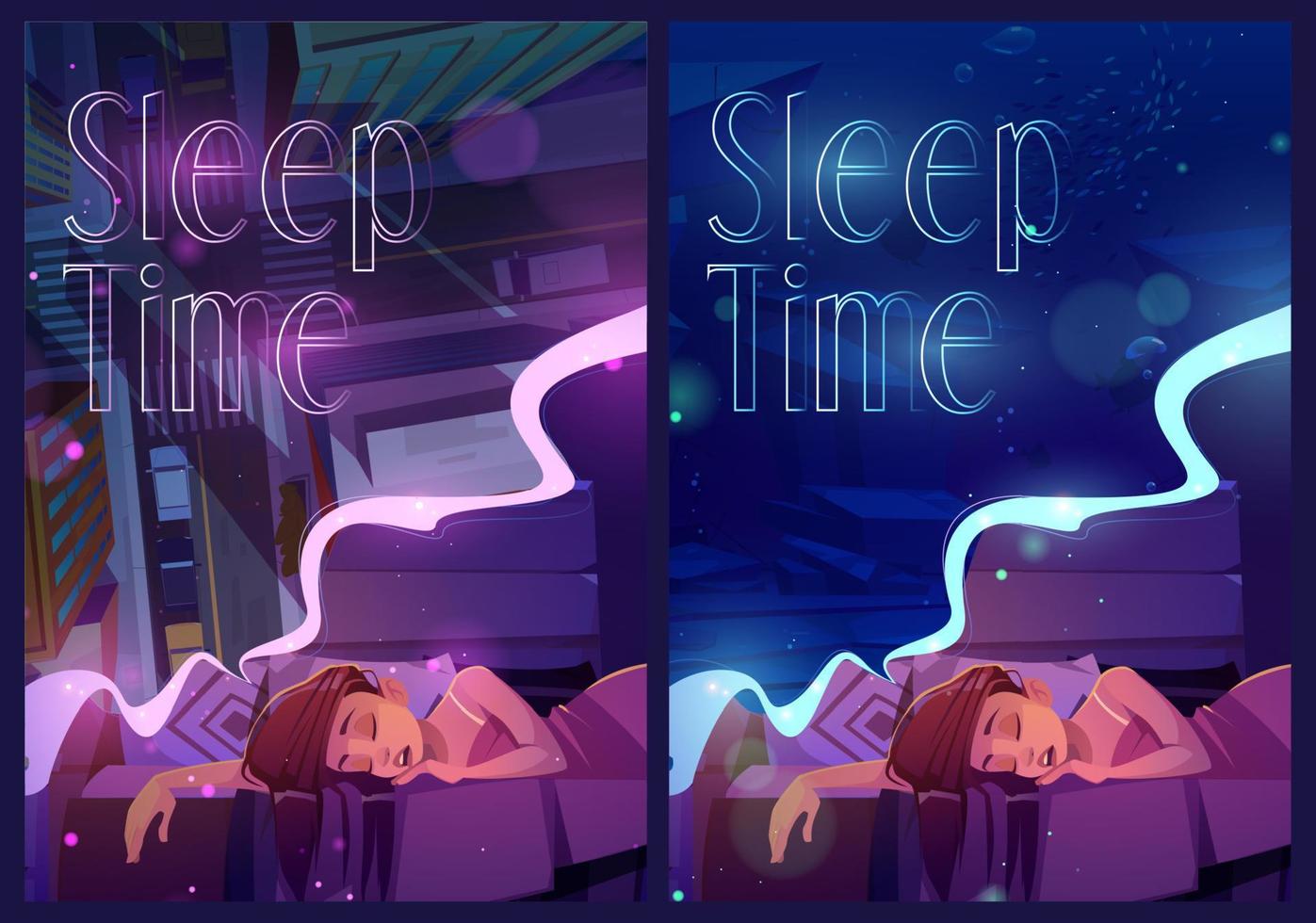 slaap tijd posters met vrouw dutjes en ziet dromen vector