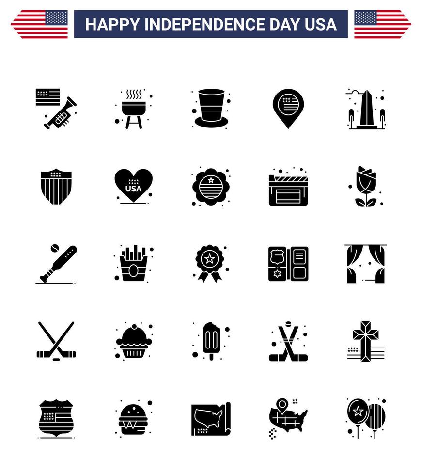 25 Verenigde Staten van Amerika solide glyph pak van onafhankelijkheid dag tekens en symbolen van zicht mijlpaal pet teken plaats bewerkbare Verenigde Staten van Amerika dag vector ontwerp elementen