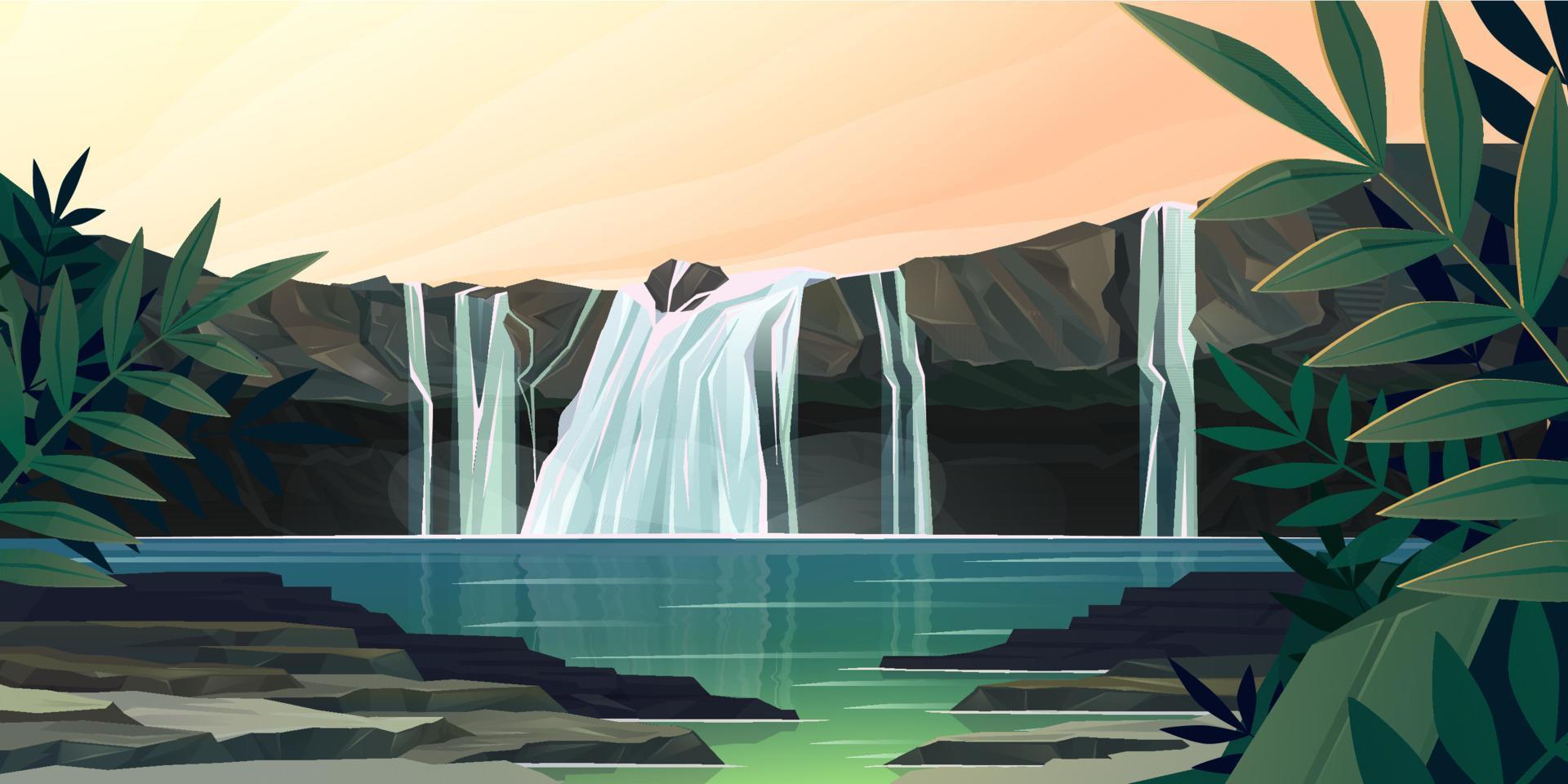 waterval cascade in oerwoud Woud landschap tafereel vector