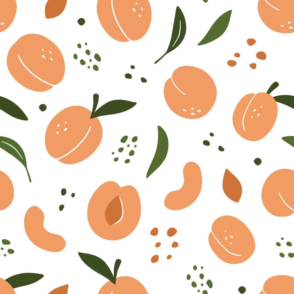 naadloos patroon met perziken en bladeren. hand- getrokken vector voedsel illustratie in tekening schetsen stijl. abrikoos structuur voor omhulsel papier, kleding stof, textiel.