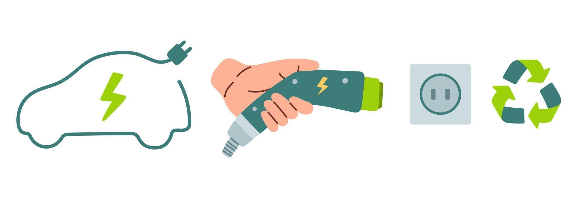 hand- Holding macht connector voor bijtanken, elektrisch auto met plug symbool, ev auto, groen hybride voertuig opladen punt logo vector