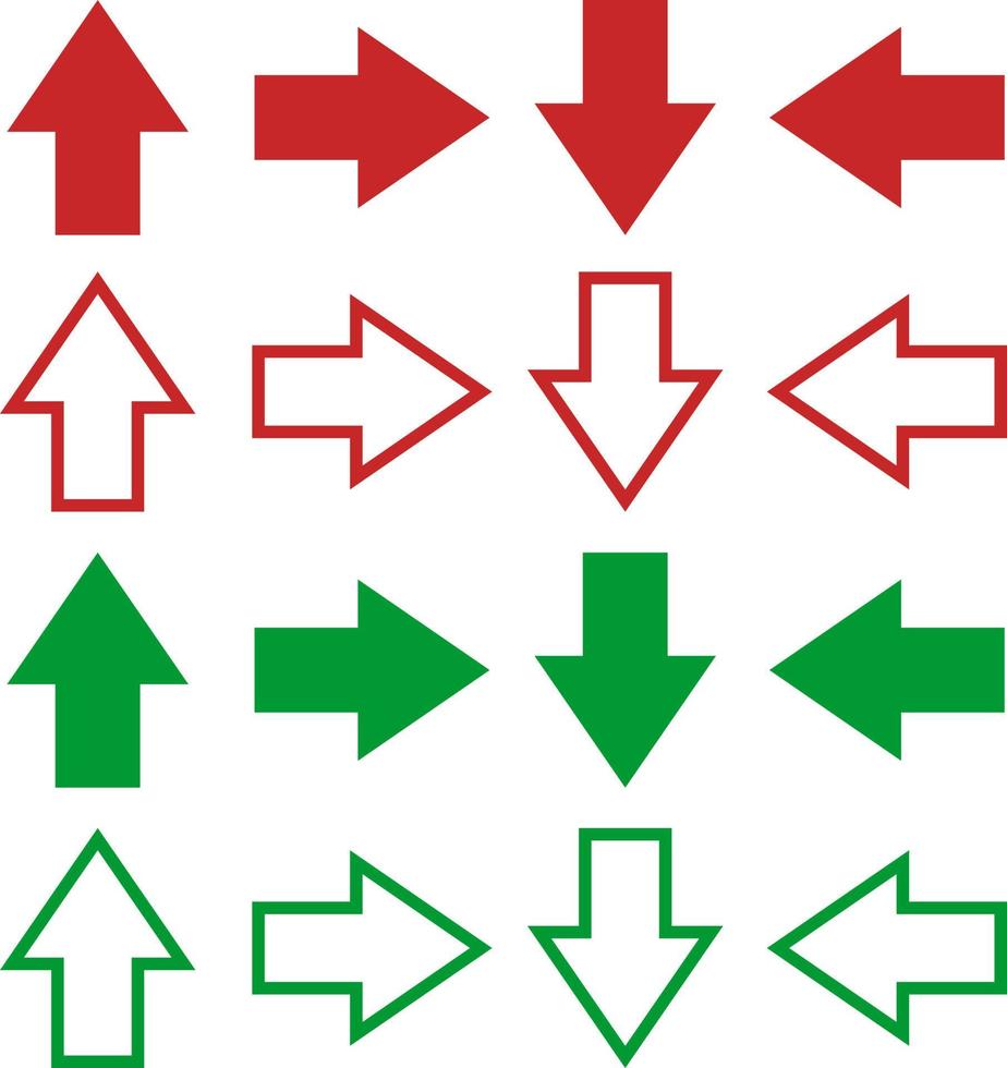 pijlen, vector. rood en groen pijlen Aan een wit achtergrond. omhoog, omlaag, Rechtsaf, links. vector