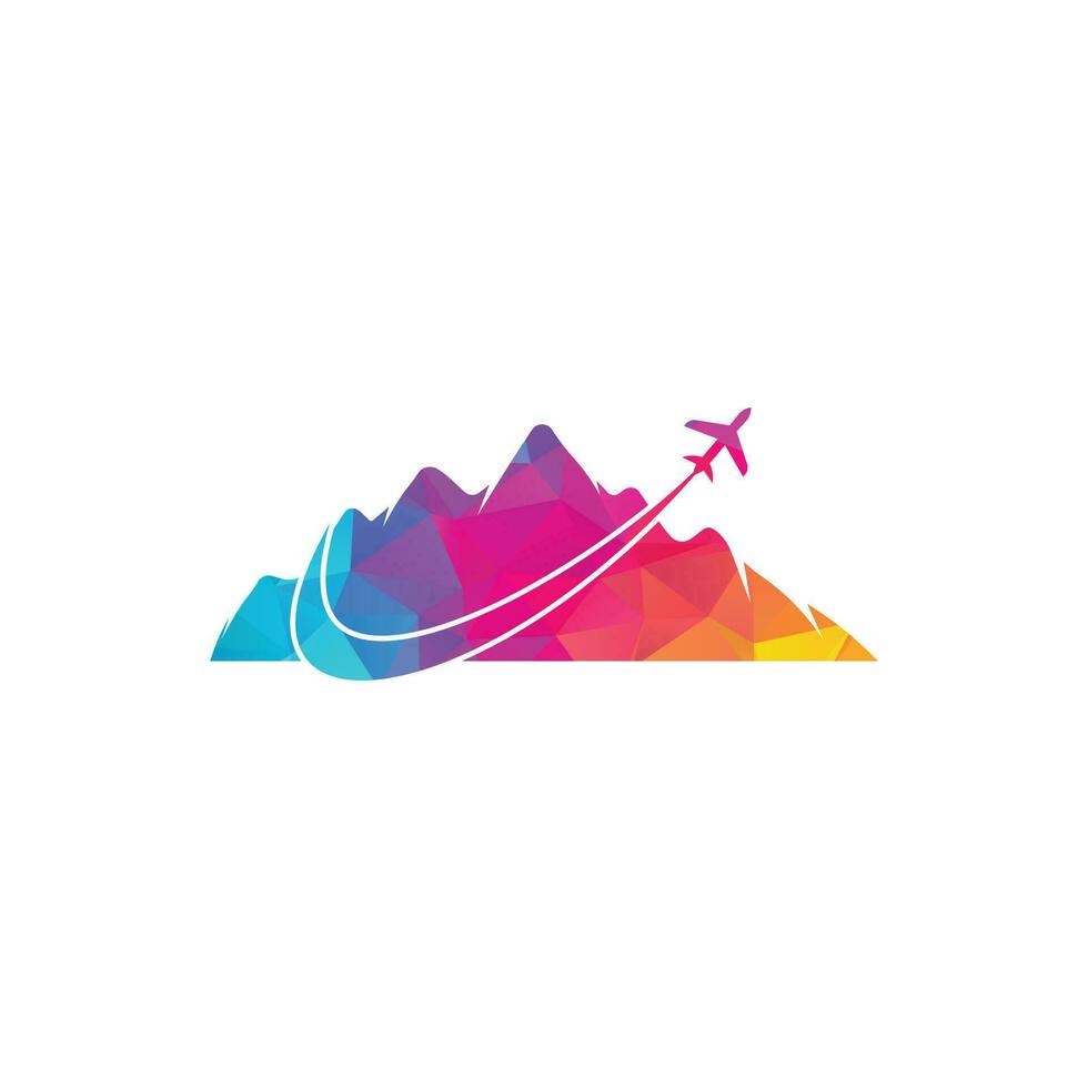 vliegtuig en berg vector logo ontwerp. reizen logo ontwerp. vlak met berg logo