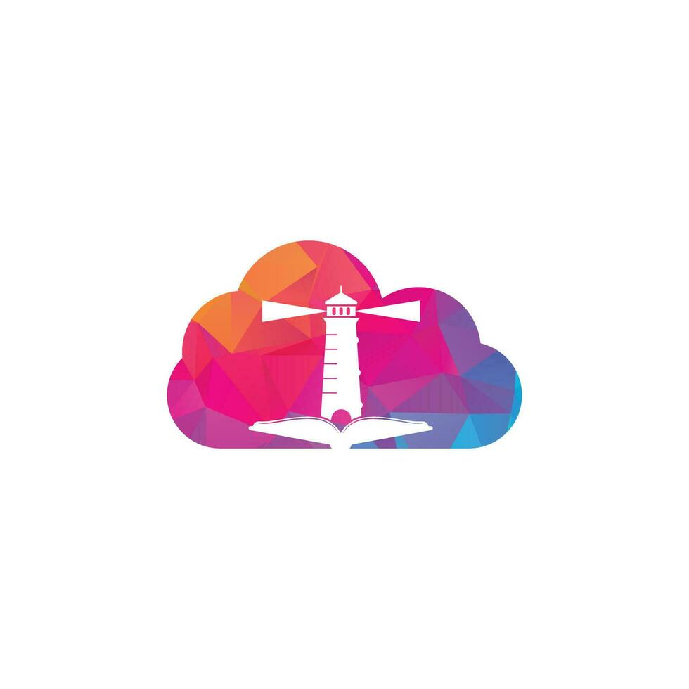 boek en licht huis wolk vorm concept logo ontwerp sjabloon. boek vuurtoren icoon vector