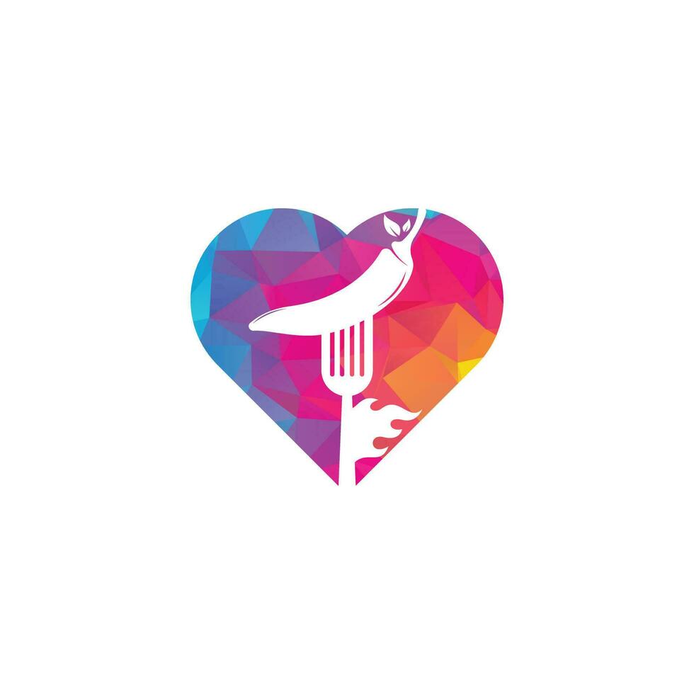heet Chili met vork hart vorm concept logo ontwerp. Chili en vork logo sjabloon geschikt voor pittig voedsel, restaurant menu. vector