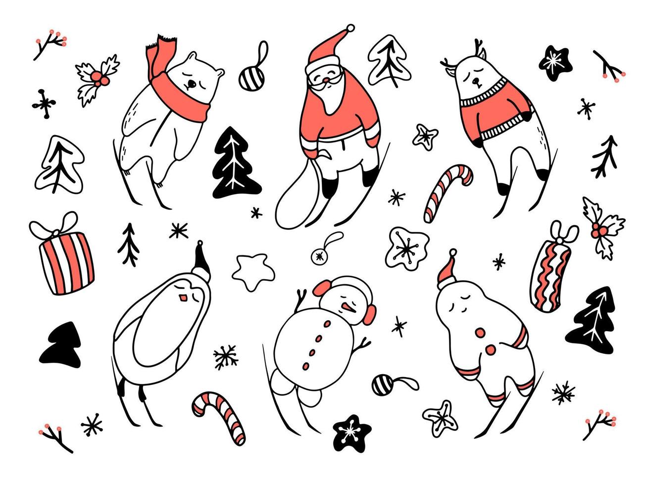 Kerstmis tekens tekening hand- getrokken vector illustratie. de kerstman claus, rendier, sneeuwman, pinguïn, polair beer en peperkoek Heren. reeks van vakantie ontwerp elementen.