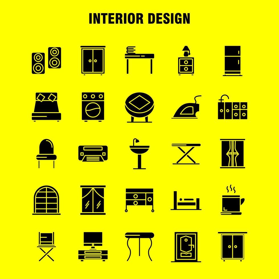 interieur ontwerp solide glyph pictogrammen reeks voor infographics mobiel uxui uitrusting en afdrukken ontwerp omvatten meubilair huishouden wastafel deur slot kamer meubilair Koken icoon reeks vector