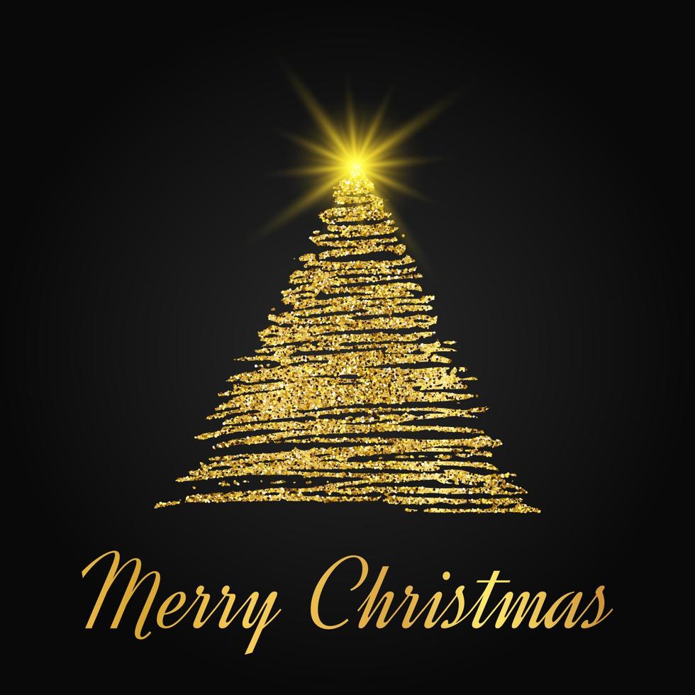 goud schitteren Kerstmis boom in schetsen stijl Aan donker achtergrond. gelukkig nieuw jaar kaart ontwerp. vector illustratie.
