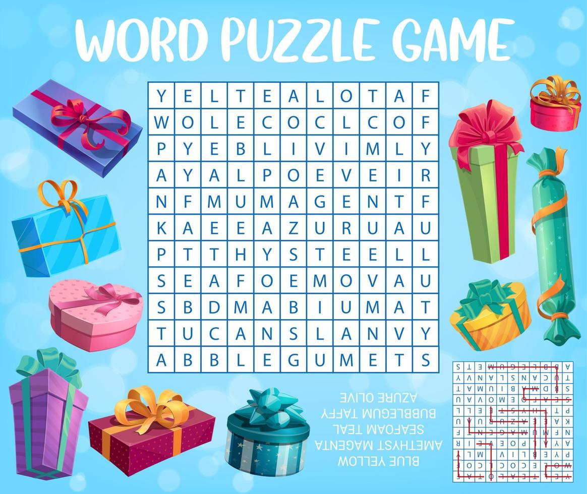 vakantie presenteert en cadeaus woord zoeken puzzel spel vector