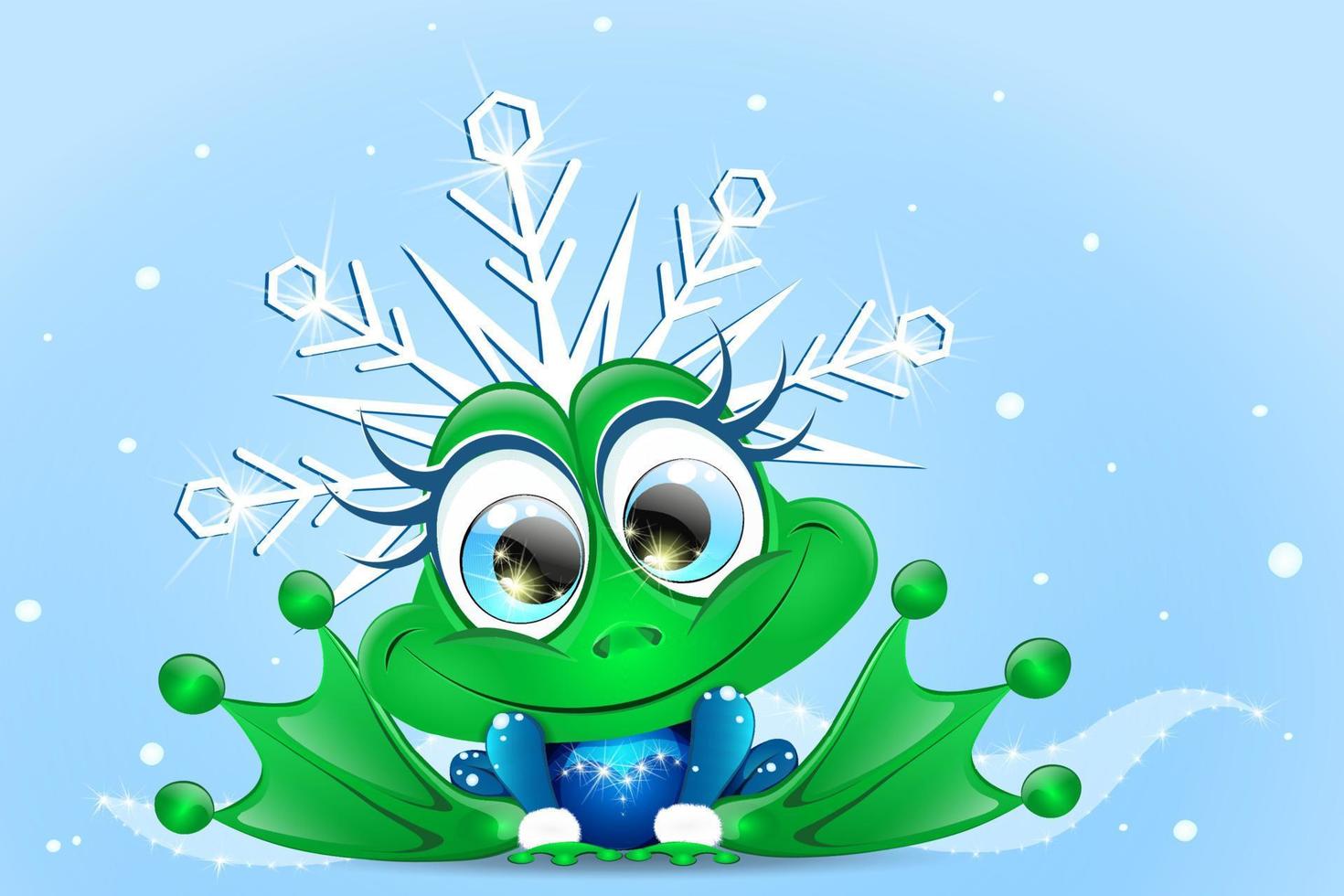 schattig tekenfilm Kerstmis kikker meisje in de sneeuwvlok glimmend blauw kostuum vector
