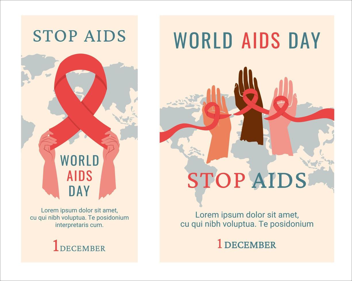 wereld AIDS dag. reeks van affiches. bewustzijn van AIDS. mensen van verschillend kleur, nationaliteit Holding rood lint net zo symbool van eenheid, helpen voor een een ander. ondersteuning voor hiv geïnfecteerde mensen. vector