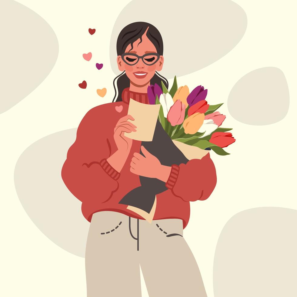 gelukkig meisje ontvangt bloem pakket en leest wensen. jong vrouw Holding boeket van tulpen. bloemen levering. liefde, verjaardag, romantisch concept. vector vlak illustratie voor geschenk, kaart, Valentijnsdag dag