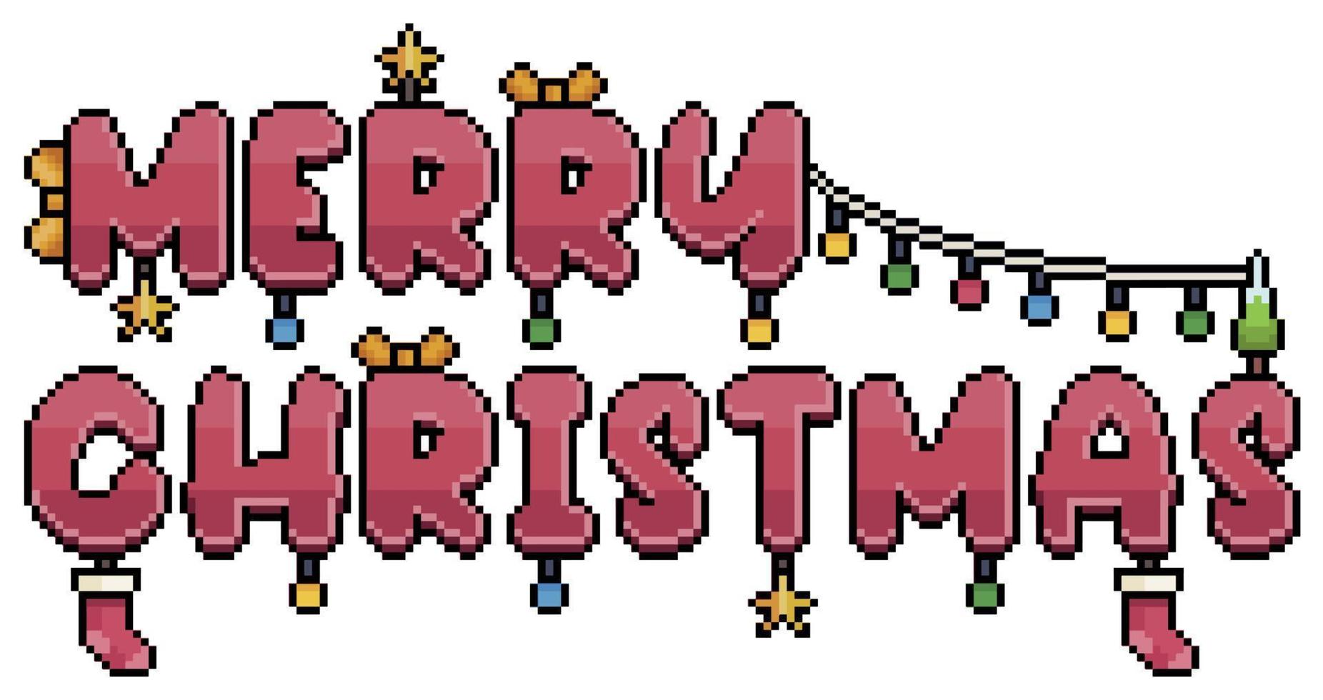 pixel kunst rood vrolijk Kerstmis tekst versierd met Kerstmis items vector icoon voor 8 bit spel Aan wit achtergrond