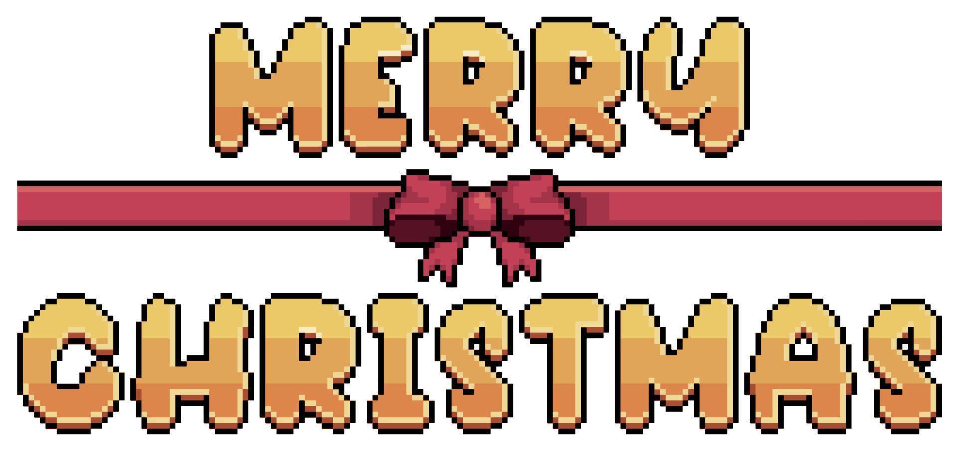 pixel kunst gouden vrolijk Kerstmis tekst met rood lint en boog vector icoon voor 8 bit spel Aan wit achtergrond