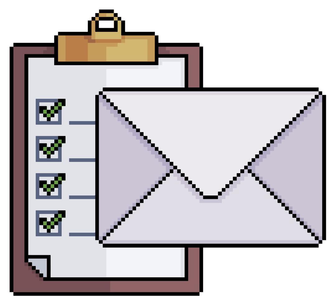 pixel kunst klembord met envelop, e-mail controle vector icoon voor 8 bit spel Aan wit achtergrond