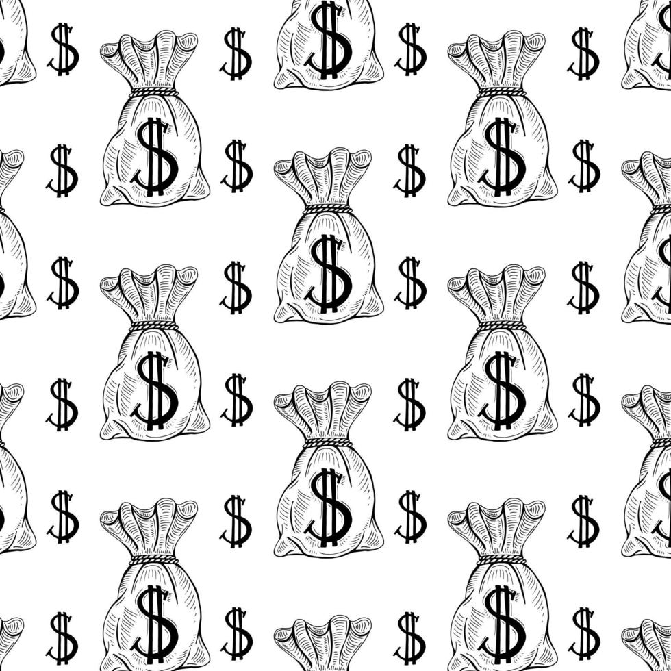 een patroon van een zak met een dollar teken. een naadloos patroon van doodle-stijl tekeningen, een klein geknoopt zak van geld, een geïsoleerd zwart teller Aan wit. symbool van rijkdom vector