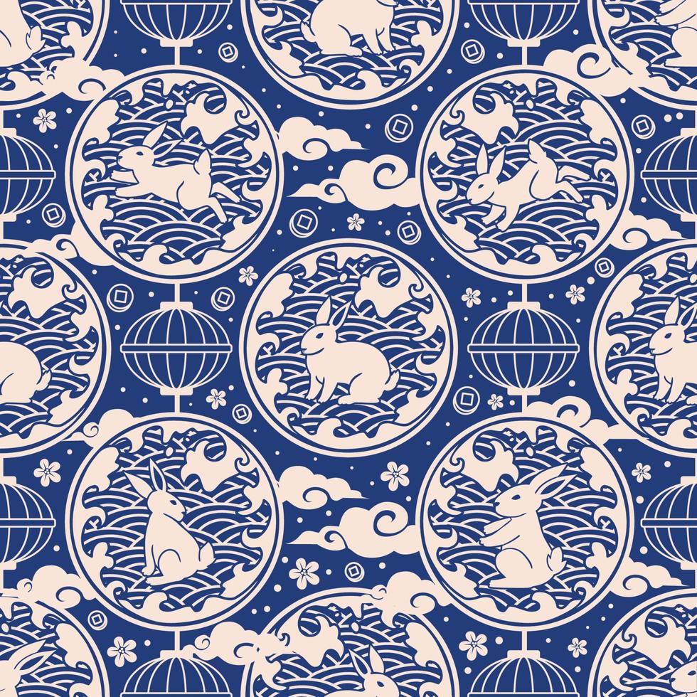 blauw naadloos water konijn Chinese nieuw jaar patroon vector