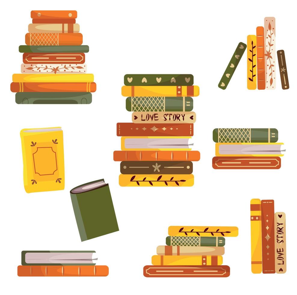 een verscheidenheid van boeken met mooi covers in warm kleuren vector