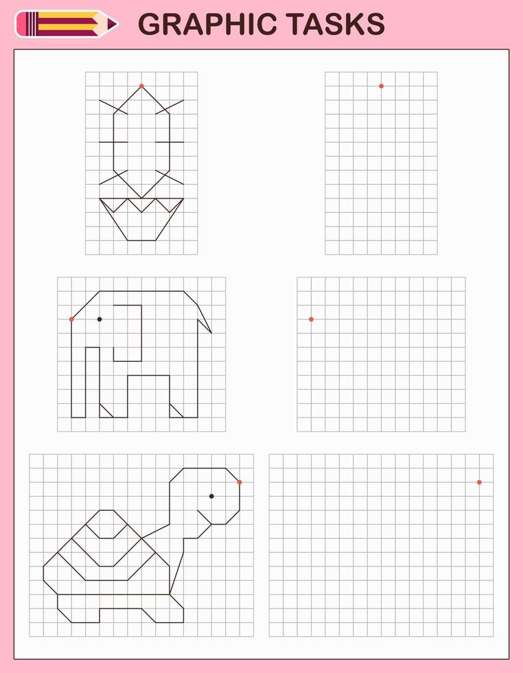 grafisch taken. leerzaam spel voor peuter- kinderen. werkbladen voor beoefenen logica en motor vaardigheden. spel voor kinderen. grafisch taken met verschillend voorwerpen en elementen. vector illustratie