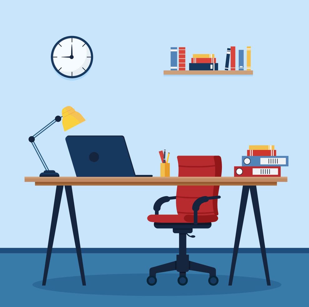 werkplaats in kantoor. kabinet met werkruimte met tafel en computer. concept illustratie, vlak stijl vector. vector