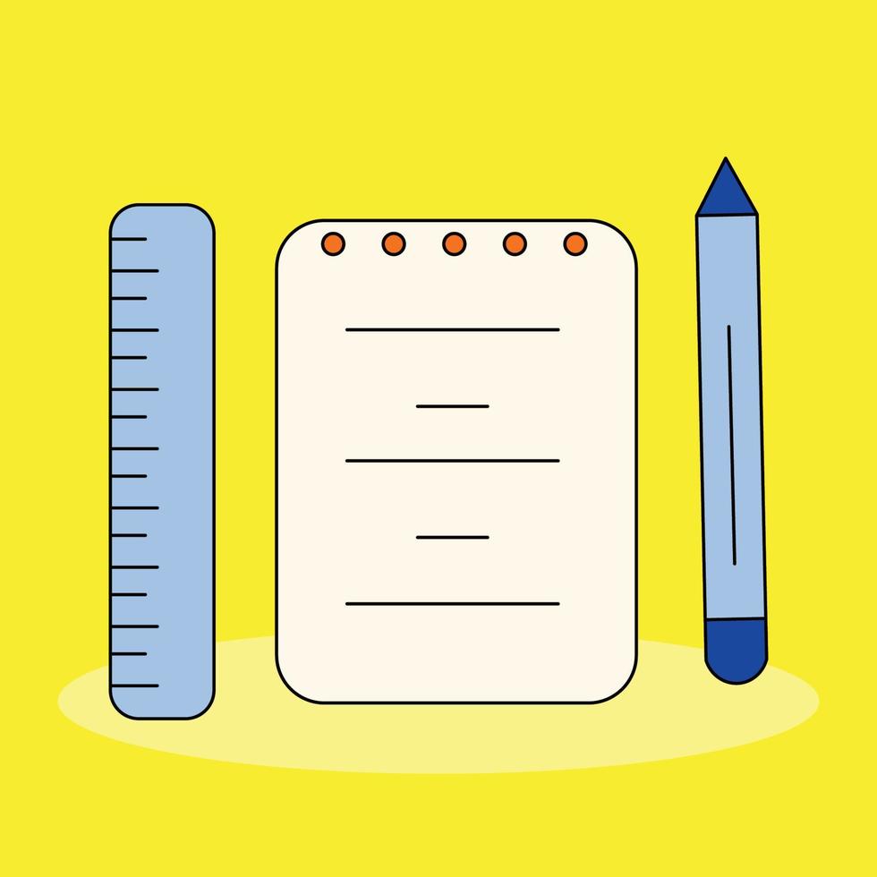 een papier, pen en heerser geïsoleerd geel achtergrond vector