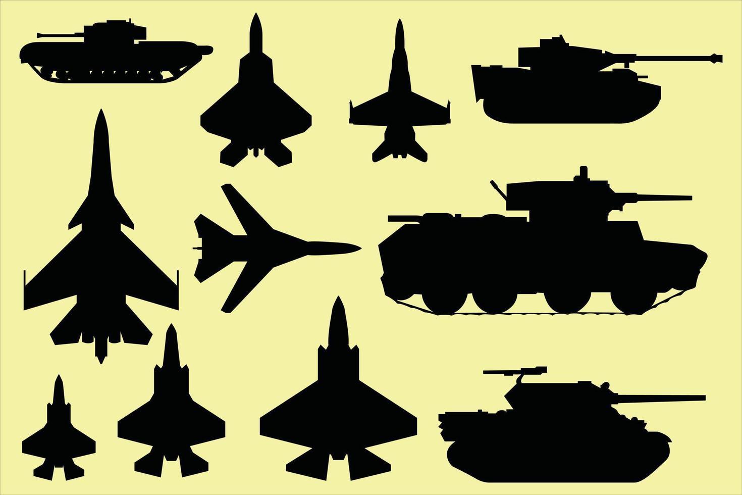 divers stralen en ook divers tanks. zwart silhouet kleur. Jet gezien van onderstaand, tank gezien van kant vector